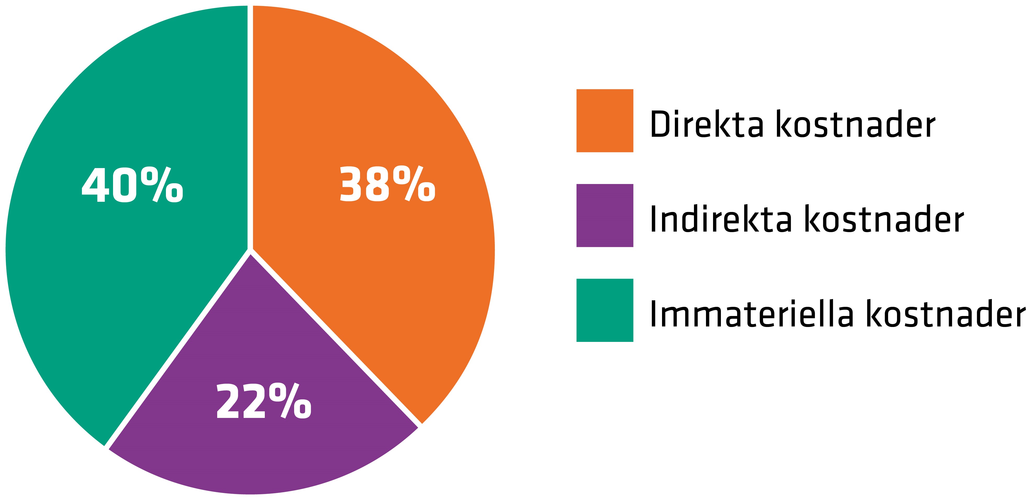 Immateriella kostnader står för 40%, direkta kostnader för 38% och indirekta kostnader för 22% av de totala kostnaderna.