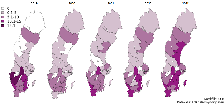 Incidensen av ehec har oftast varit högst i landets sydliga regioner. Källa Folkhälsomyndigheten.