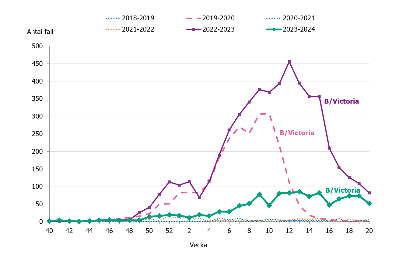 Spridning av B/Victoria har setts 2019/2020, 2022/2023 och 2023/2024.