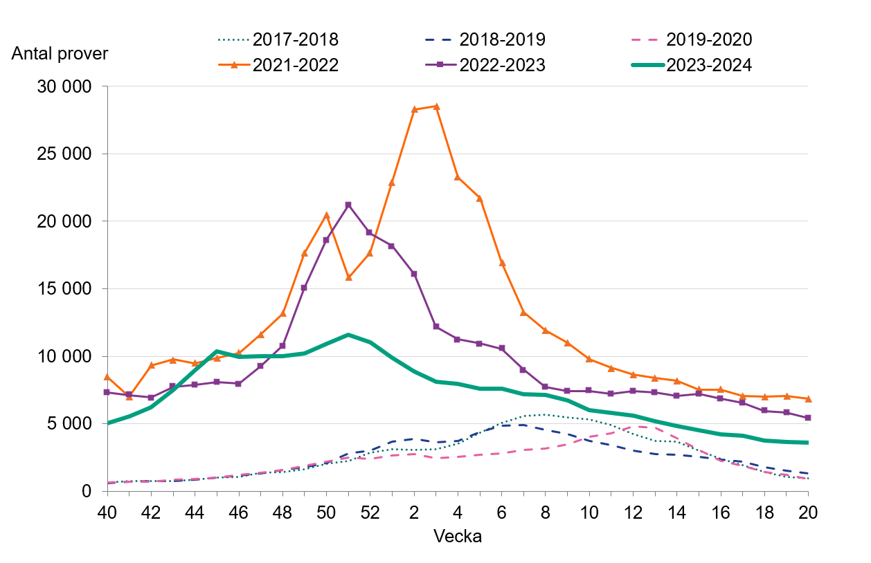 Provtagningen 2023-24 var som högst vecka 51 och minskade därefter. Provtagningen var lägre än de två föregående säsongerna.