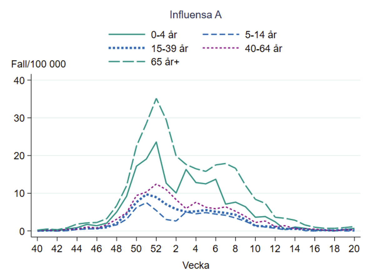 Högst antal fall i förhållande till befolkningen under säsongen var bland 65 år och äldre följt av barn 0-4 år. 