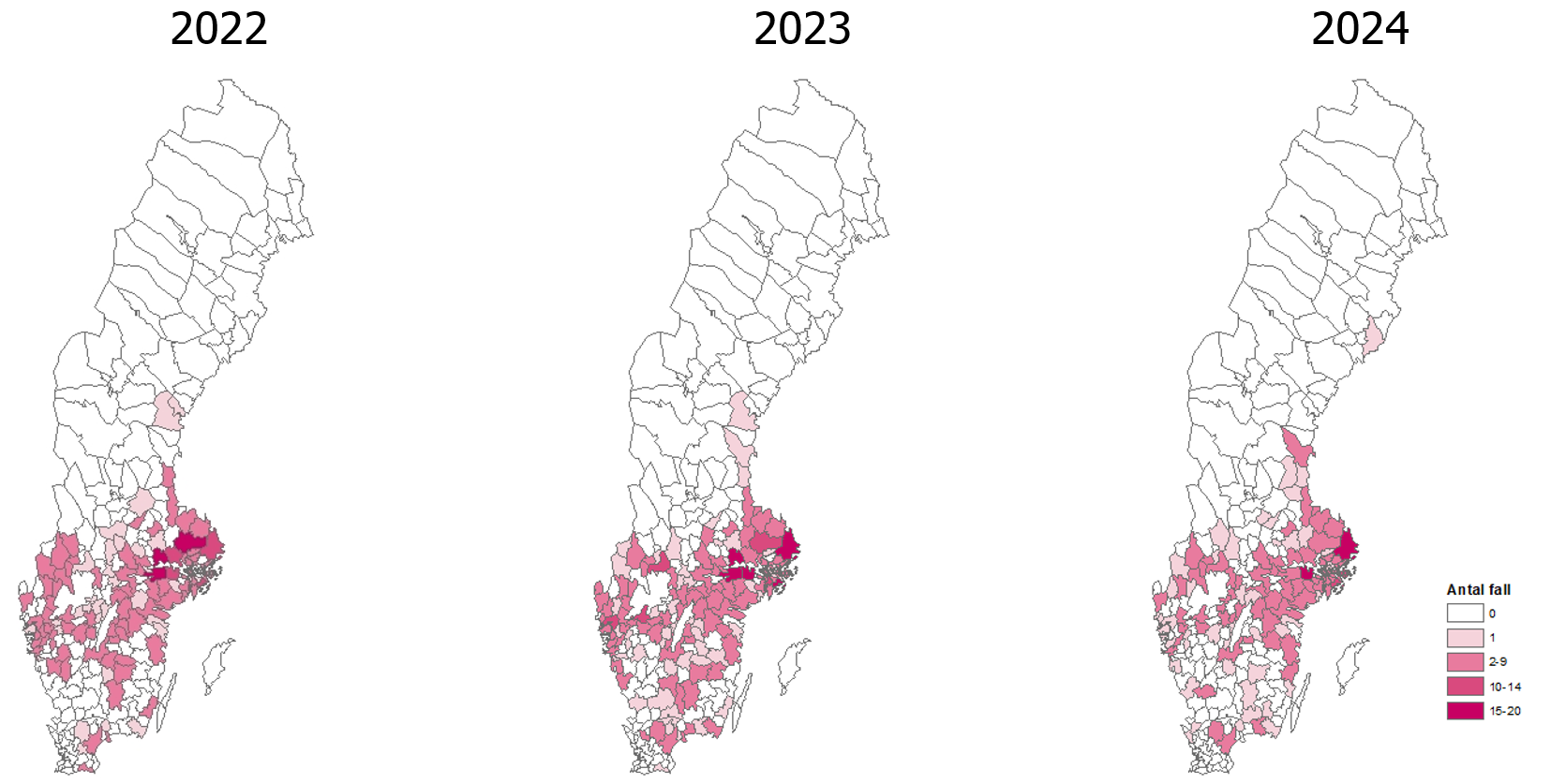 TBE-fall har rapporterats från många kommuner i Götaland och Svealand. Högst antal fall har rapporterats från kommuner runt Mälaren och vid Stockholms skärgård. 