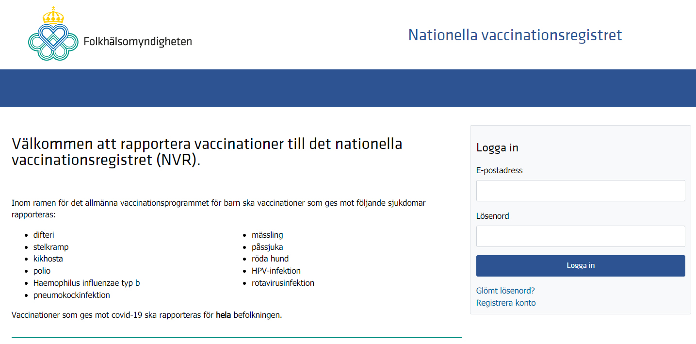 Skärmdump som visar inloggningssidan för manuell rapportering till det nationella vaccinationsregistret
