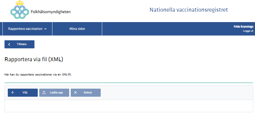 Skärmdump som visar var rapportering via XML-fil ska ske på webbsidan för registrering.