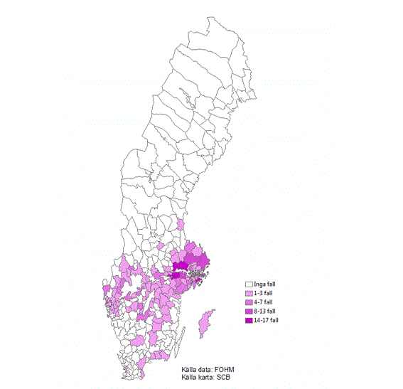 Figur 3. Antal smittade TBE-fall per kommun 2018.