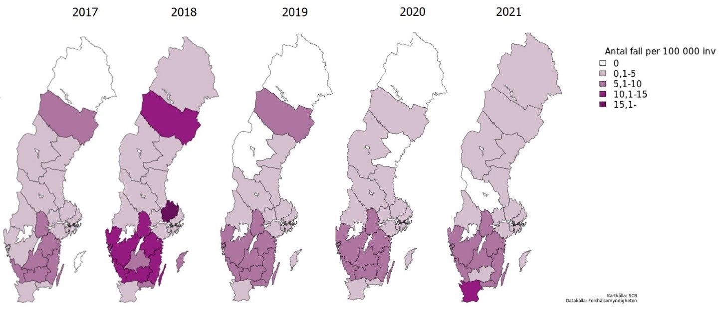 Kartdiagram över incidensen av inhemskt smittade fall per region 2017-2021. 