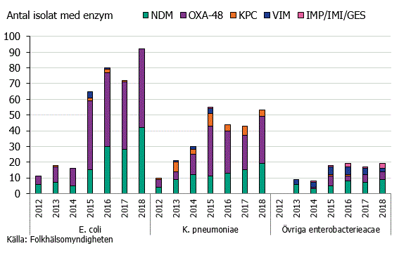 Figur 2. Antal isolat och typer av ESBL-CARBA producerande E. coli, K. pneumoniae och övriga arter inom familjen Enterobacteriaceae under åren 2012-2018.