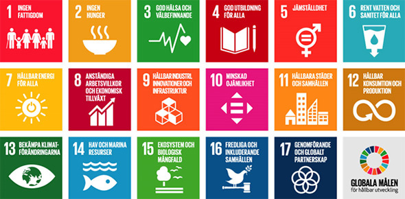 Illustration med kvadrater för de 17 olika globala målen i Agenda 2030.