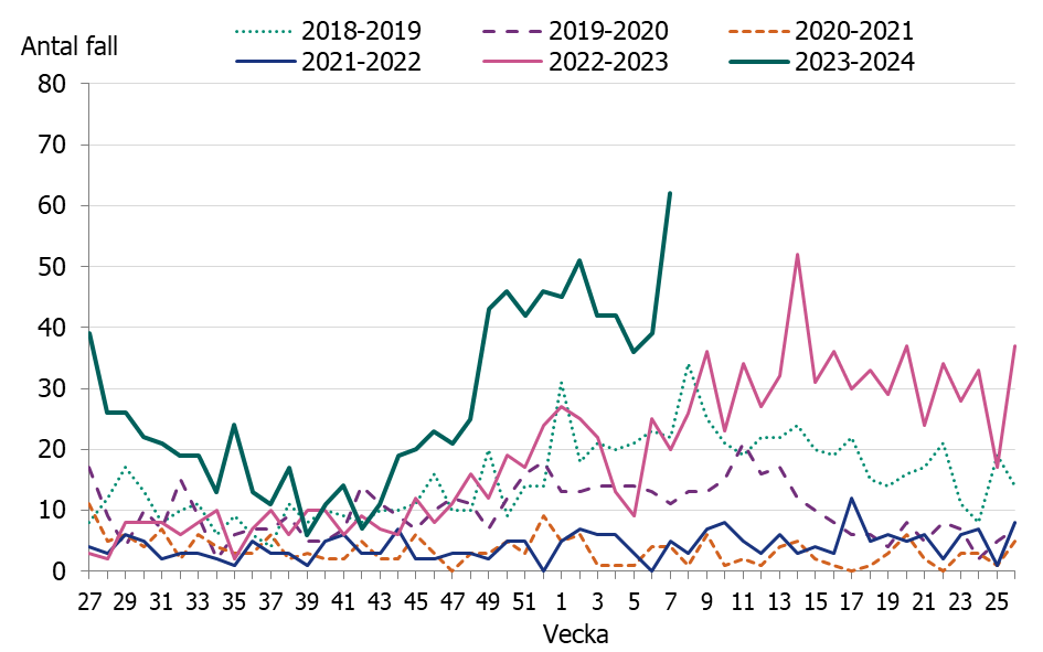 Linjediagrammet visar en tidig och kraftig &ouml;kning av iGAS fall i november och sedan december m&aring;nad har fallen legat p&aring; en konstant h&ouml;g niv&aring;.