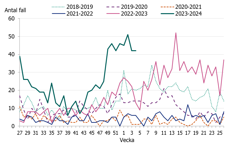 Figuren visar en tidig och kraftig ökning av iGAS fall i november och sedan december månad har fallen legat på en konstant hög nivå.