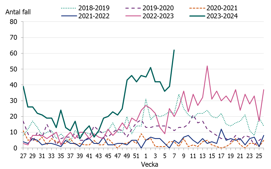 Linjediagrammet visar en tidig och kraftig ökning av iGAS fall i november och sedan december månad har fallen legat på en konstant hög nivå.