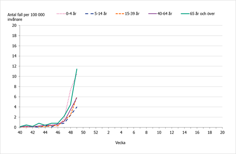 Incidensen är ökande i alla åldersgrupper, högst incidens vecka 49 i åldersgruppen 65 år och äldre följt av 0-4 år. 