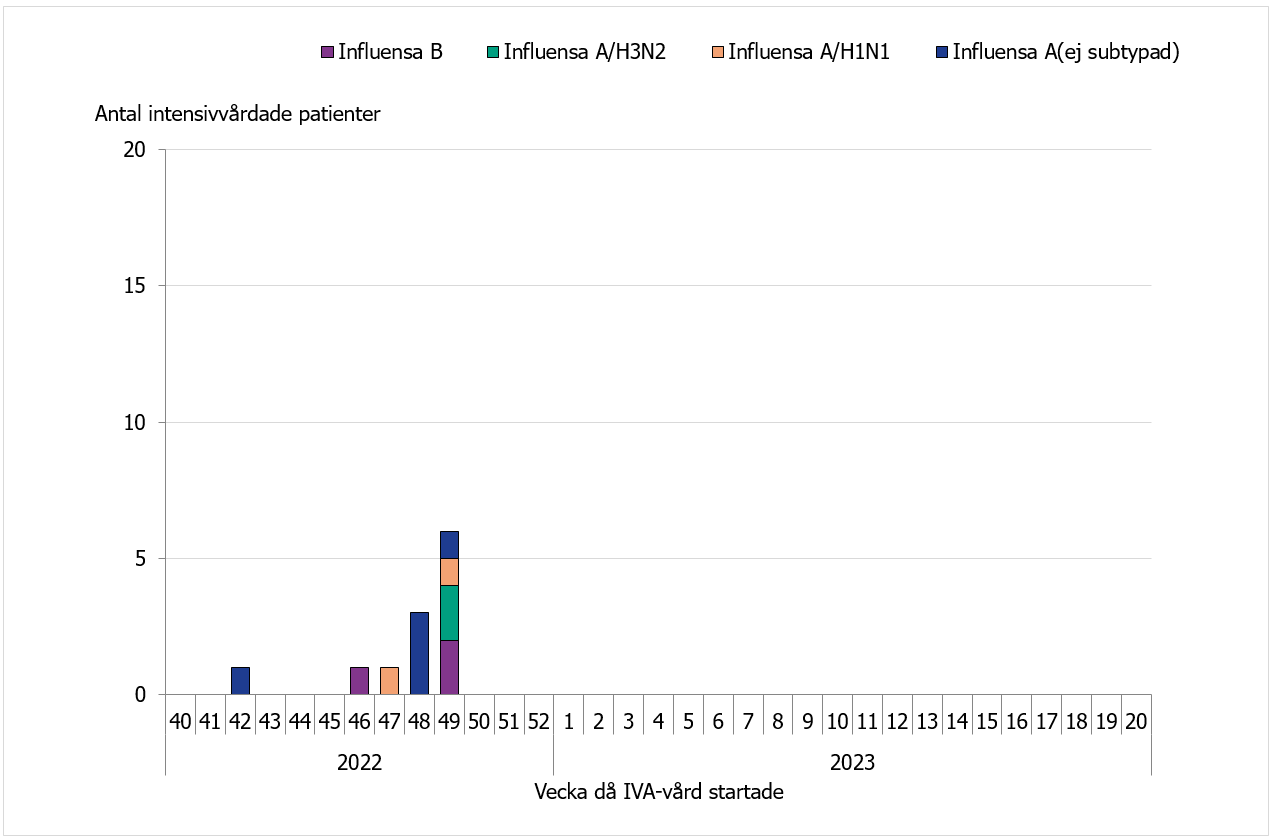 Hittills har 12 patienter vårdats inom intensivvården, majoriteten av dessa var influensa A.