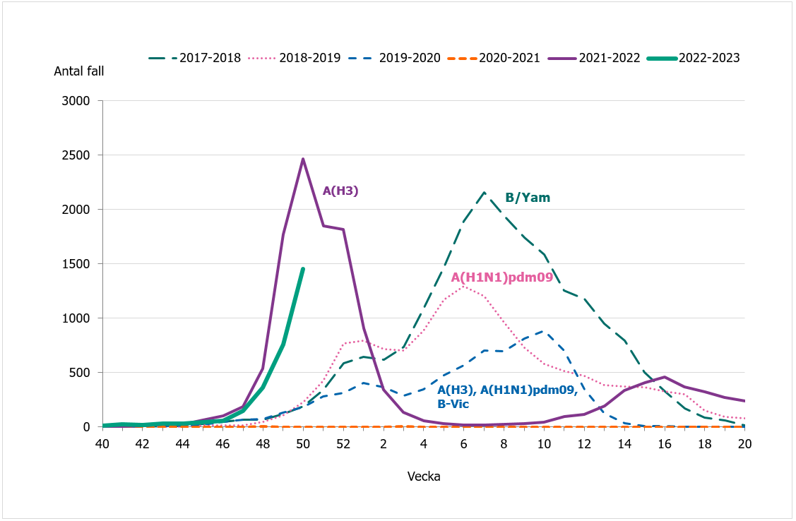 Under veckorna 40-50 2022 har antalet rapporterade fall av influensa ökat.