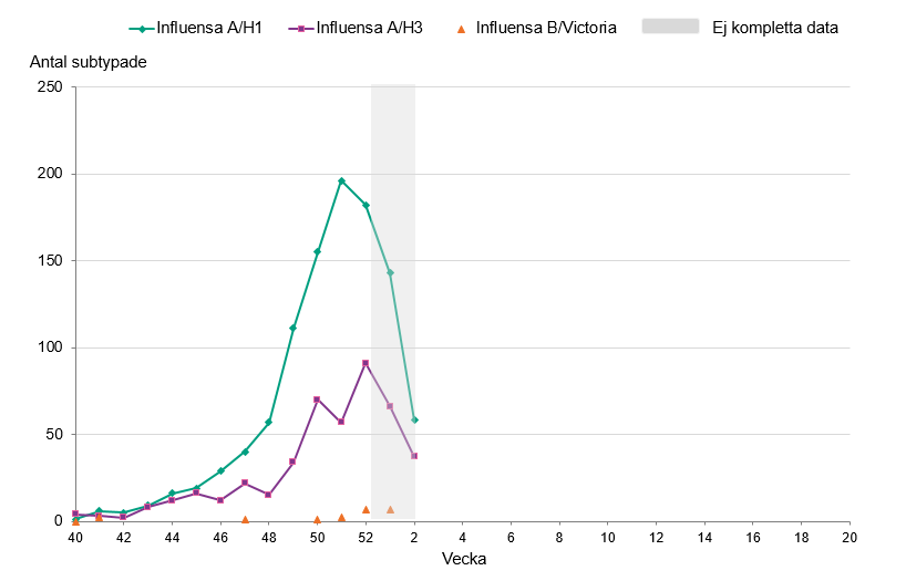 Antalet prover av AH1 och AH3 minskar i takt med att provtagningen minskar. Få B/Victoria har rapporterats.