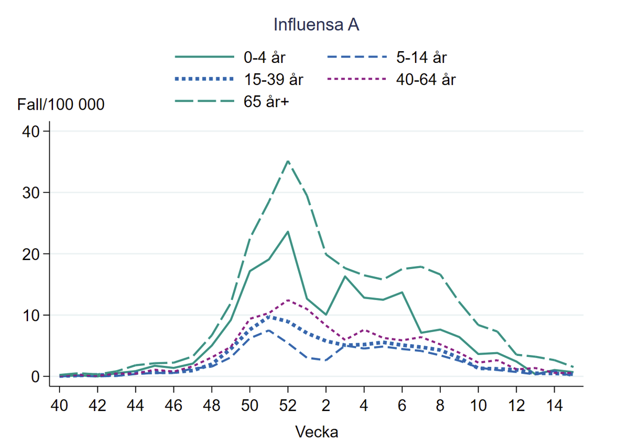 Antalet fall i förhållande till befolkningen är lågt i alla åldersgrupper. Högst under säsongen bland 65 år och äldre följt av barn 0-4 år. 