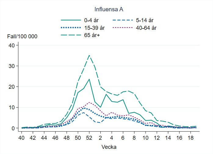 Antalet fall i förhållande till befolkningen är lågt i alla åldersgrupper. Högst under säsongen bland 65 år och äldre följt av barn 0-4 år.