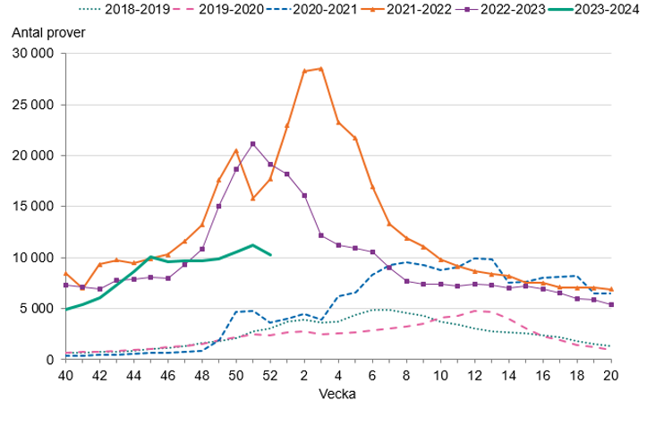 Provtagningen ser ut att minska vilket kan förklaras av inkomplett inrapportering av prover och de senaste veckornas helgdagar. 