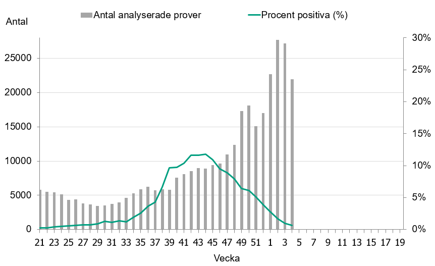 Linjediagrammet visar högst andel positiva prover vecka 42-44, cirka 12 %. Minskning varje vecka sedan dess. Högst provtagning vecka 2 med 27 000 prover.