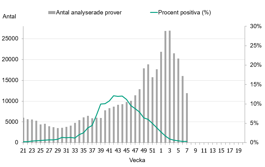 Linjediagrammet visar högst andel positiva prover vecka 42-44, cirka 12 %. Minskning varje vecka sedan dess. Högst provtagning vecka 3 med nästan 28 000 prover.